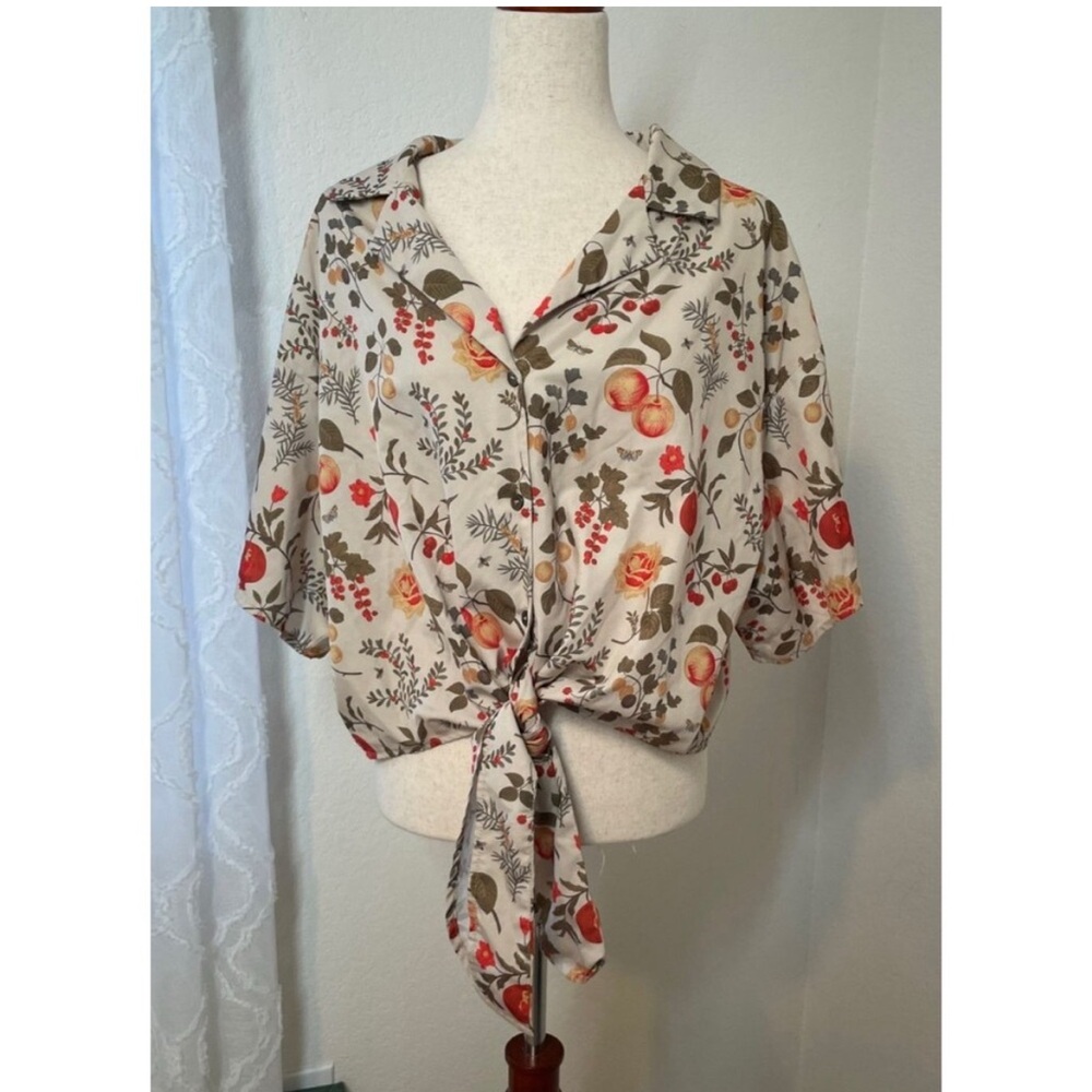 Cider Womens Beige Botanical Fruit Print Tie-Front Blouse Top OXL Short Sleeve